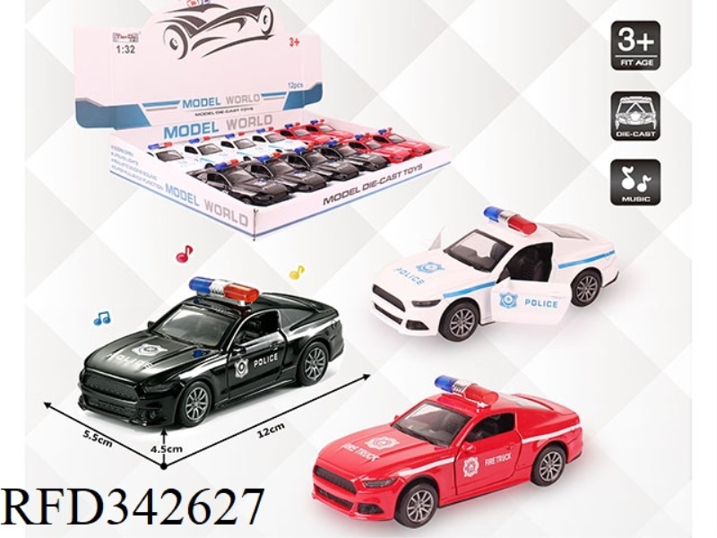 1:32 SIMULATION MUSTANG POLICE CAR, PULL BACK ALLOY CAR, TWO DOORS WITH LIGHT AND MUSIC 12PCS