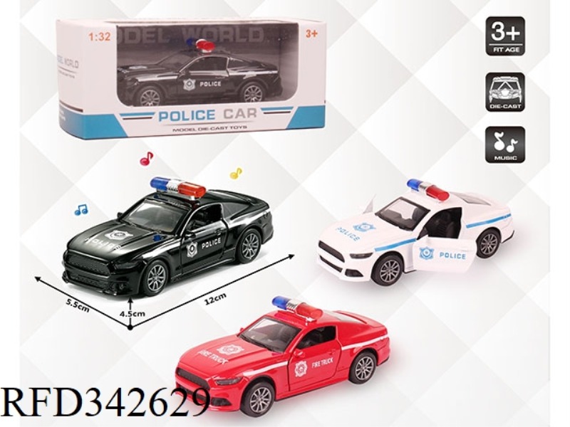 1:32 SIMULATION MUSTANG POLICE CAR, PULL BACK ALLOY CAR WITH TWO DOORS WITH LIGHT AND MUSIC