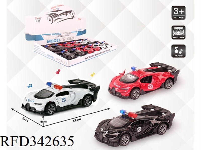 1:32 SIMULATION BUGATTI POLICE CAR, PULL BACK ALLOY CAR, TWO DOORS WITH LIGHT AND MUSIC 12PCS
