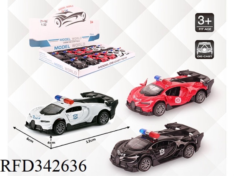 1:32 SIMULATION BUGATTI POLICE CAR, PULL BACK ALLOY CAR WITH TWO DOORS 12PCS