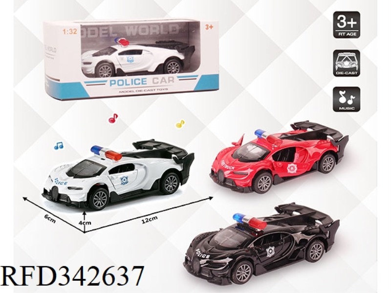 1:32 SIMULATION BUGATTI POLICE CAR, PULL BACK ALLOY CAR WITH TWO DOORS WITH LIGHT AND MUSIC