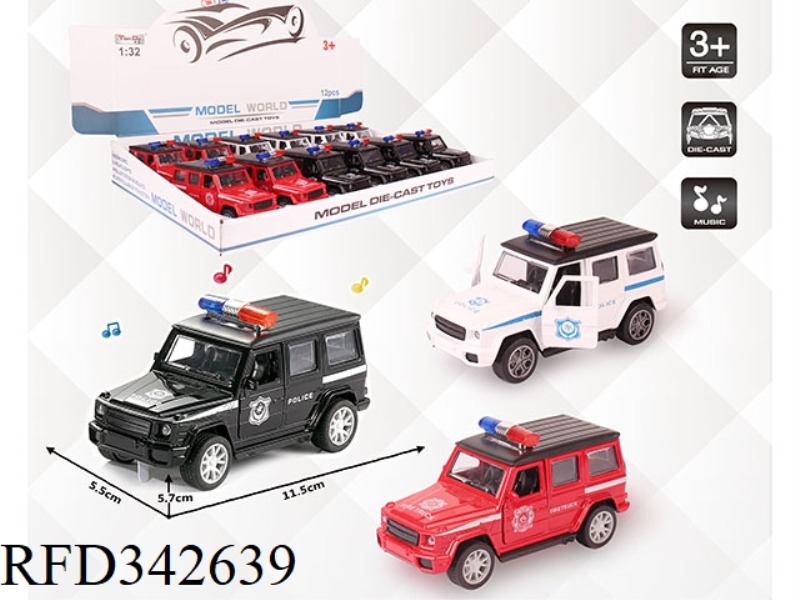 1:32 SIMULATION MERCEDES-BENZ G550 POLICE CAR PULL BACK ALLOY CAR TWO DOORS WITH LIGHT AND MUSIC 12P