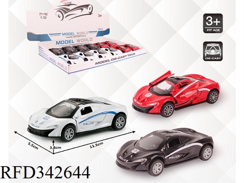 1:32 SIMULATION MCLAREN POLICE CAR, PULL BACK ALLOY CAR WITH TWO DOORS 12PCS