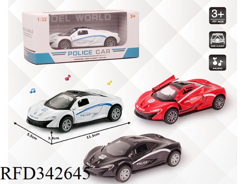 1:32 SIMULATION MCLAREN POLICE CAR, PULL BACK ALLOY CAR WITH TWO DOORS WITH LIGHT AND MUSIC