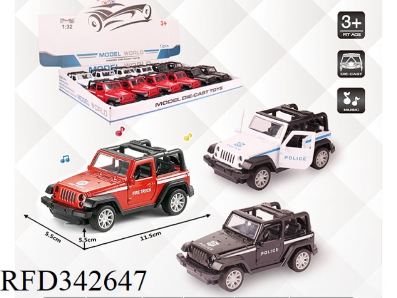 1:32 SIMULATION WRANGLER CONVERTIBLE POLICE CAR, PULL BACK ALLOY CAR, TWO DOORS WITH LIGHT AND MUSIC