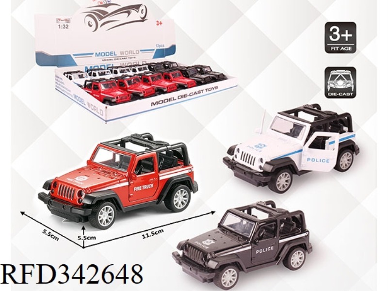 1:32 SIMULATION WRANGLER CONVERTIBLE POLICE CAR, PULL BACK ALLOY CAR, TWO DOORS 12PCS