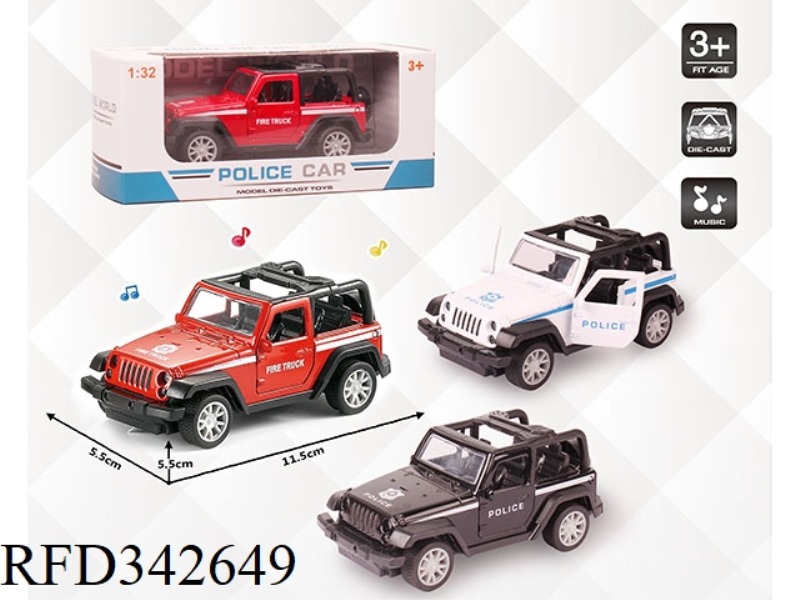1:32 SIMULATION WRANGLER CONVERTIBLE POLICE CAR, PULL BACK ALLOY CAR WITH TWO DOORS WITH LIGHT AND M