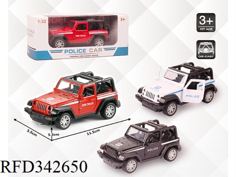 1:32 SIMULATION WRANGLER CONVERTIBLE POLICE CAR, PULL BACK ALLOY CAR WITH TWO DOORS