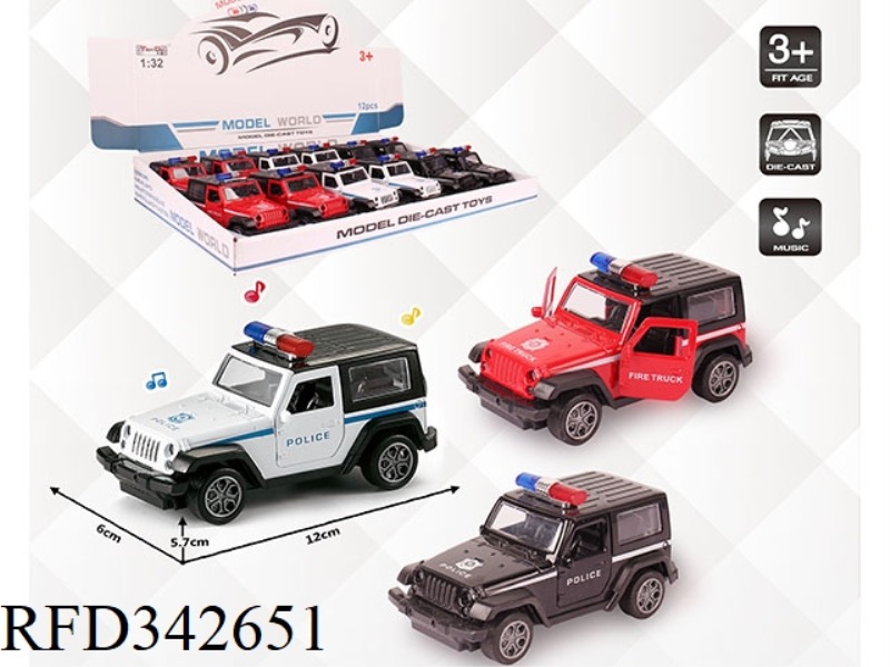 1:32 SIMULATION WRANGLER POLICE CAR PULL BACK ALLOY CAR TWO DOORS WITH LIGHT AND MUSIC 12PCS