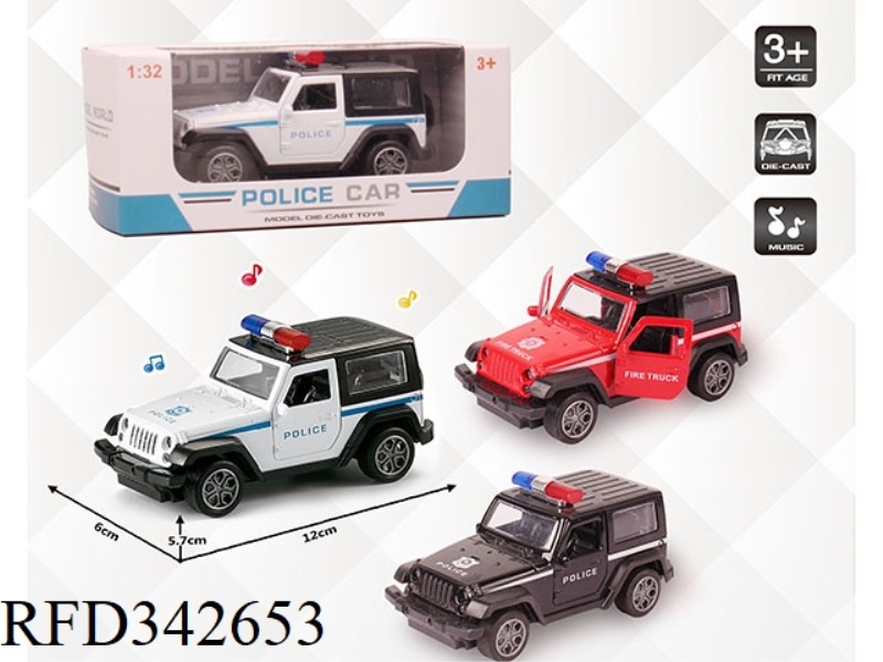 1:32 SIMULATION WRANGLER POLICE CAR, PULL BACK ALLOY CAR WITH TWO DOORS WITH LIGHT AND MUSIC