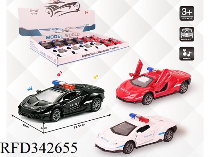 1:32 SIMULATION LAMBORGHINI 700 POLICE CAR, PULL BACK ALLOY CAR, TWO DOORS WITH LIGHT AND MUSIC 12PC