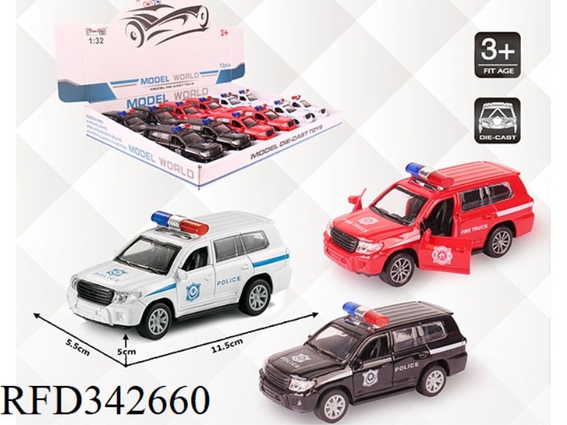 1:32 SIMULATION TOYOTA LAND CRUISER 2016 POLICE CAR, PULL BACK ALLOY CAR WITH TWO DOORS 12PCS