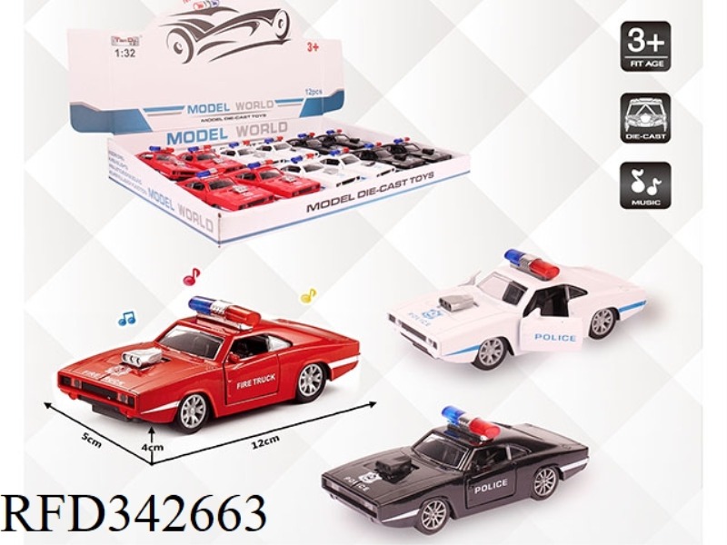 1:32 SIMULATION DODGE B POLICE CAR, PULL BACK ALLOY CAR, TWO DOORS WITH LIGHT AND MUSIC 12PCS