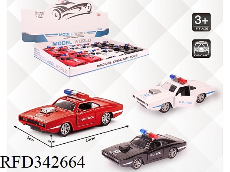 1:32 SIMULATION DODGE B POLICE CAR, PULL BACK ALLOY CAR WITH TWO DOORS 12PCS