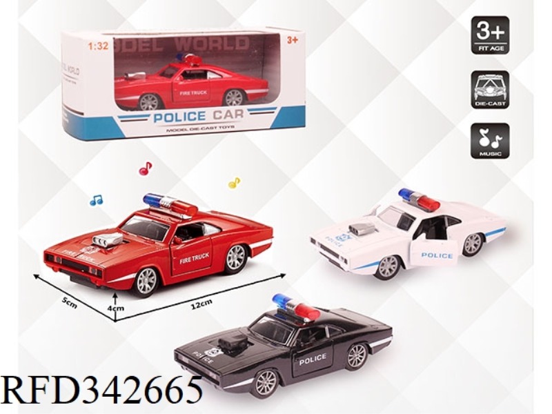1:32 SIMULATION DODGE B POLICE CAR, PULL BACK ALLOY CAR WITH TWO DOORS WITH LIGHT AND MUSIC