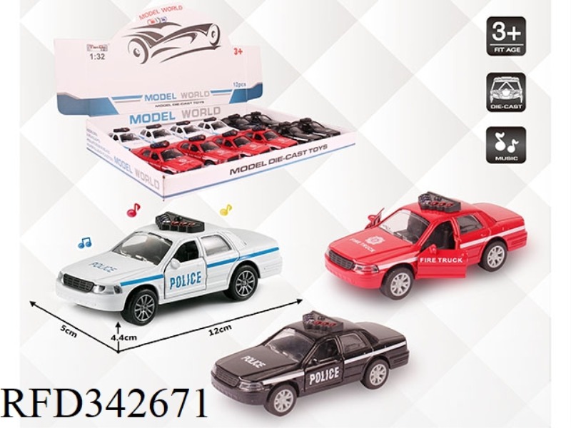 1:32 SIMULATED FORD POLICE CAR REVISION, PULL BACK ALLOY CAR TWO DOORS WITH LIGHT AND MUSIC 12PCS