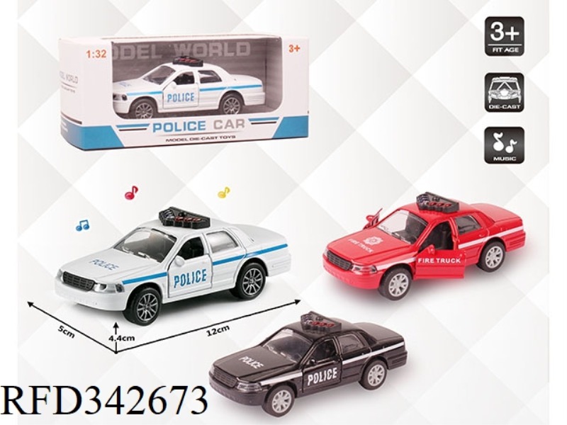 1:32 SIMULATION OF FORD ORIGINAL POLICE CAR, PULL BACK ALLOY CAR WITH TWO DOORS WITH LIGHT AND MUSIC