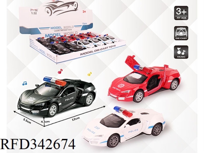 1:32 SIMULATION LYCAN POLICE CAR, PULL BACK ALLOY CAR, TWO DOORS WITH LIGHT AND MUSIC 12PCS