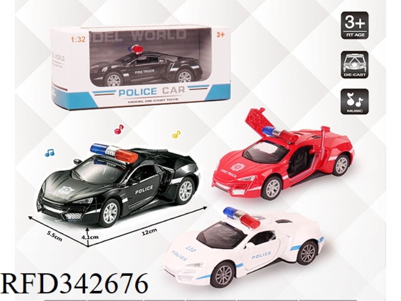 1:32 SIMULATION LYCAN POLICE CAR, PULL BACK ALLOY CAR WITH TWO DOORS WITH LIGHT AND MUSIC