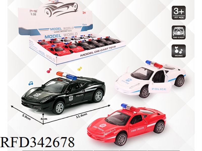 1:32 SIMULATION FERRARI POLICE CAR PULL BACK ALLOY CAR TWO DOORS WITH LIGHT AND MUSIC 12PCS