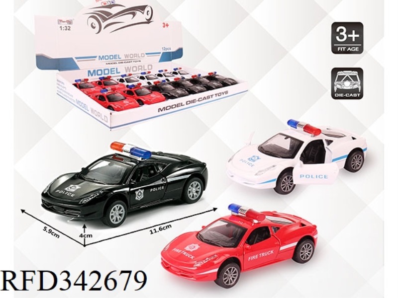1:32 SIMULATION FERRARI POLICE CAR, PULL BACK ALLOY CAR WITH TWO DOORS 12PCS