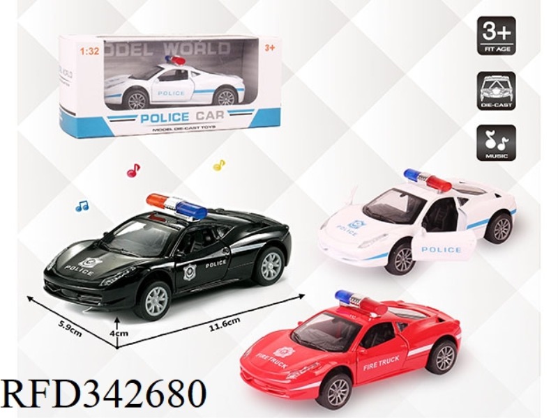 1:32 SIMULATION FERRARI POLICE CAR, PULL BACK ALLOY CAR WITH TWO DOORS WITH LIGHT AND MUSIC