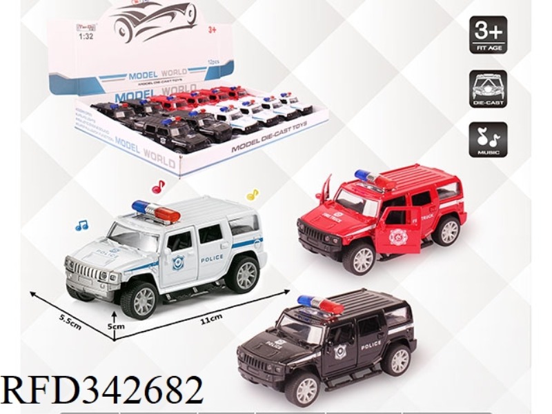 1:32 SIMULATION HUMMER POLICE CAR, PULL BACK ALLOY CAR, TWO DOORS WITH LIGHT AND MUSIC 12PCS