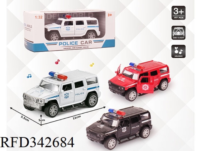 1:32 SIMULATION HUMMER POLICE CAR, PULL BACK ALLOY CAR WITH TWO DOORS WITH LIGHT AND MUSIC