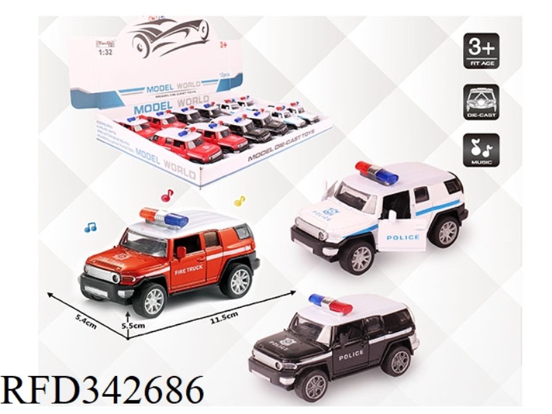 1:32 SIMULATION TOYOTA FJ POLICE CAR PULL BACK ALLOY CAR WITH TWO DOORS WITH LIGHT AND MUSIC 12PCS