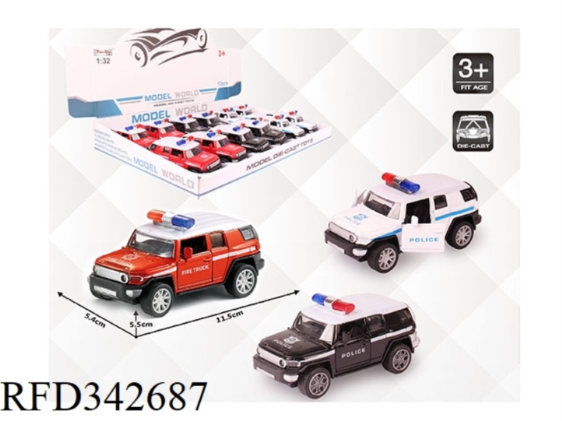 1:32 SIMULATION TOYOTA FJ POLICE CAR, PULL BACK ALLOY CAR WITH TWO DOORS 12PCS