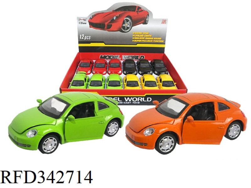 1:28 SIMULATION PULL BACK ALLOY FOUR-DOOR BEETLE CAR WITH LIGHT AND MUSIC 12PCS