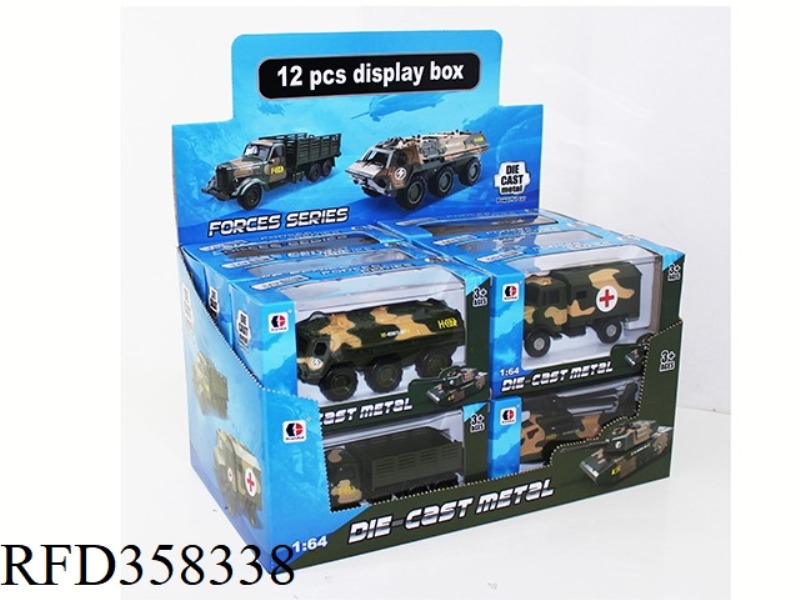 1:64 SLIDING ALLOY MILITARY CAR/12PCS