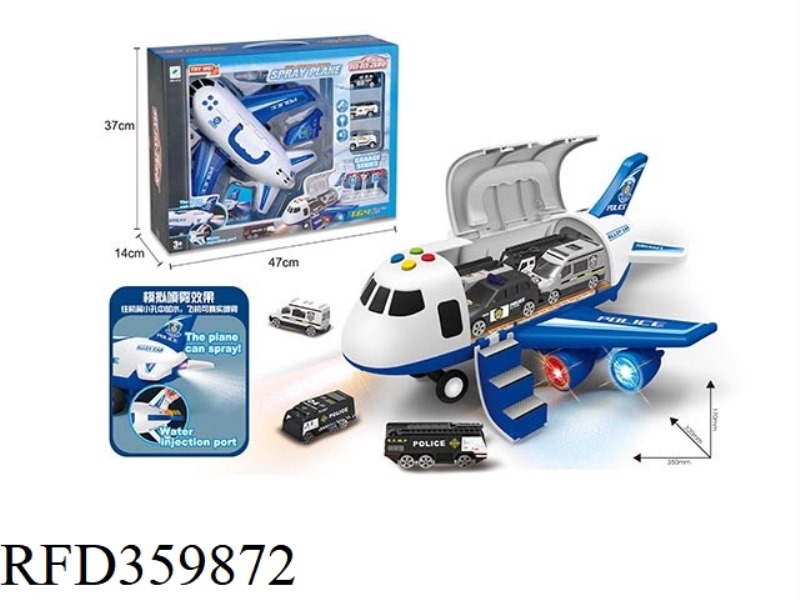 LIGHT, MUSIC, SPRAY, INERTIAL DEFORMATION POLICE STORAGE AIRPLANE 35X32X17 (WITH 3 ALLOY CARS + 1 RO