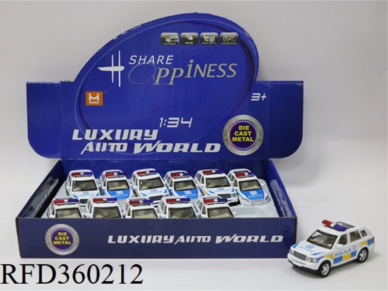 1:34 ALLOY PULL BACK POLICE CAR WITH SOUND AND LIGHT, THE DOOR CAN BE OPENED (TWO TWO-COLOR MIXED IN