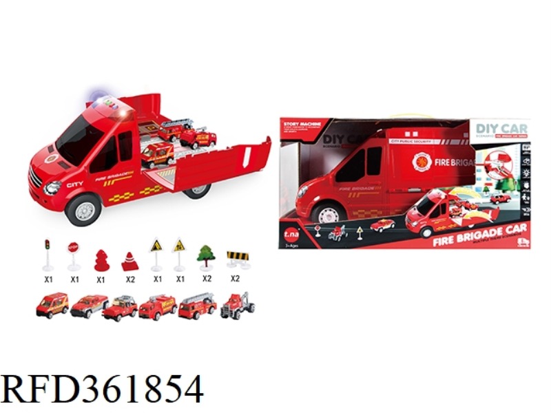 CARTOON STORAGE SOUND AND LIGHT FIRE TRUCK WITH GOLDEN CAR SERIES + ROAD SIGNS