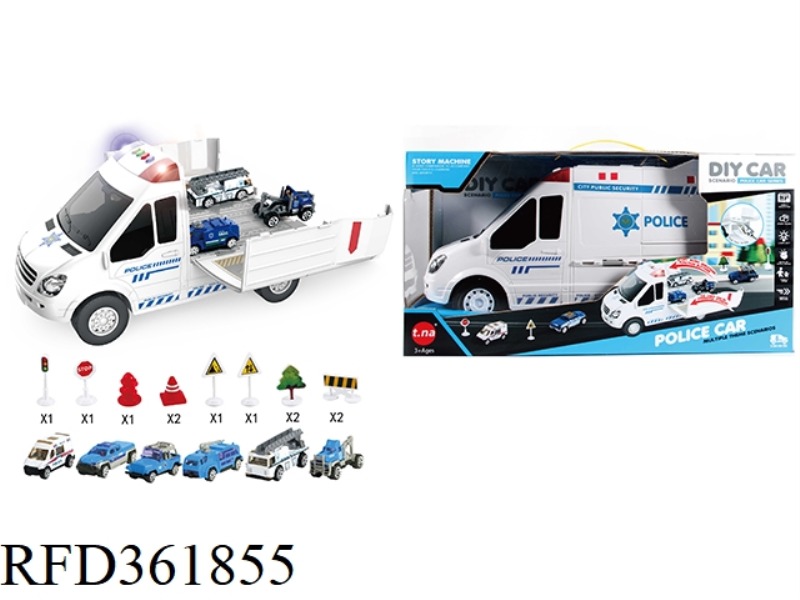 CARTOON STORAGE SOUND AND LIGHT POLICE CAR WITH GOLDEN CAR SERIES + ROAD SIGNS