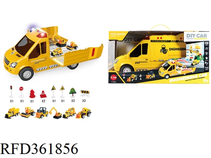 CARTOON STORAGE SOUND AND LIGHT ENGINEERING TRUCK WITH GOLDEN CAR SERIES + ROAD SIGNS