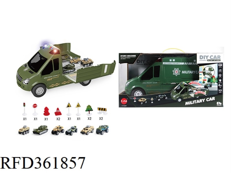 CARTOON STORAGE SOUND AND LIGHT MILITARY CAR WITH GOLDEN CAR SERIES + ROAD SIGNS