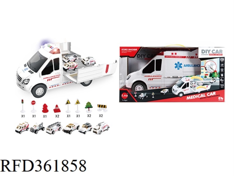 CARTOON STORAGE SOUND AND LIGHT AMBULANCE WITH GOLDEN CAR SERIES + ROAD SIGNS