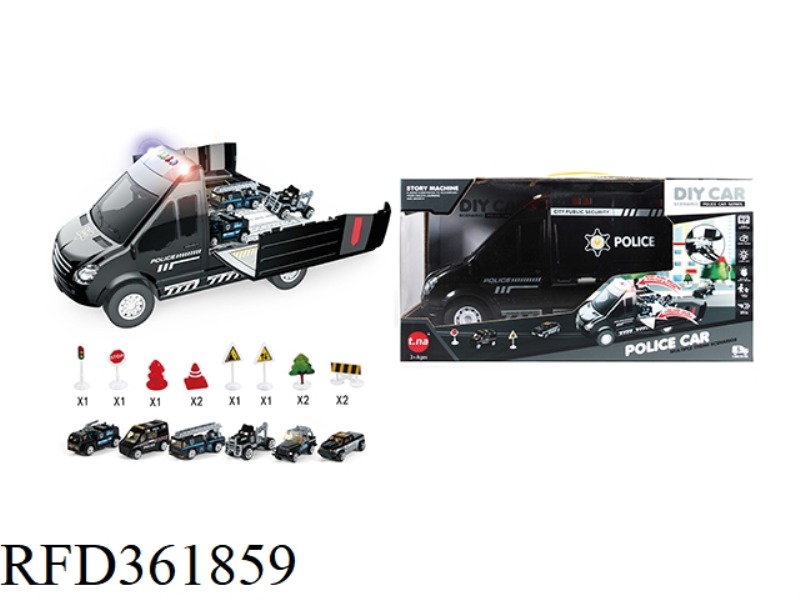 CARTOON STORAGE SOUND AND LIGHT SPECIAL POLICE CAR WITH GOLDEN CAR SERIES + ROAD SIGNS