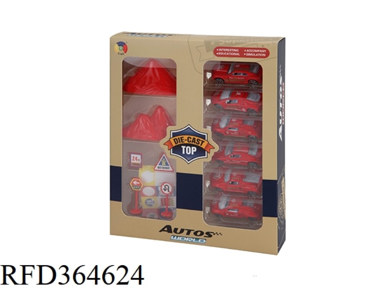 6 ALLOY SIMULATION FIRE TRUCKS WITH MOUNTAIN ROAD SIGNS