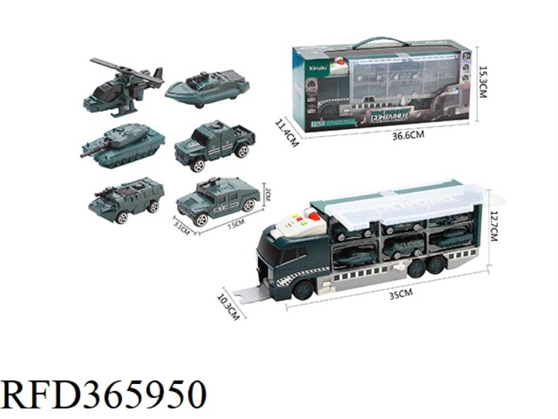 ZHANYING CONTAINER TRUCK WITH 6 MILITARY ALLOY CARS (GLIDE FUNCTION, WITH LIGHT AND MUSIC)