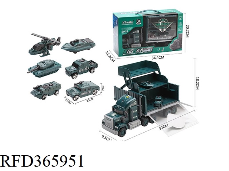 KUBA CONTAINER TRUCK WITH 2 MILITARY ALLOY CARS (INERTIA FUNCTION, WITH LIGHT AND MUSIC)