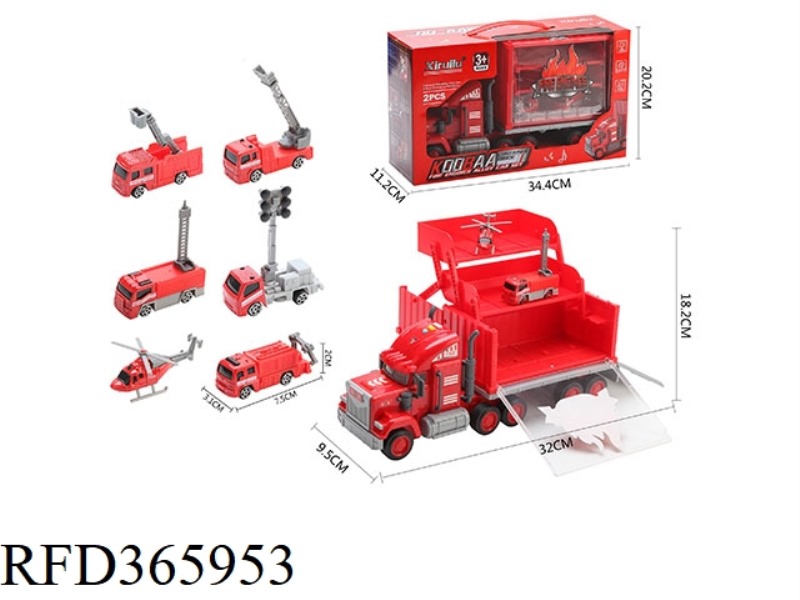KUBA CONTAINER TRUCK WITH 2 FIRE FIGHTING ALLOY CARS (INERTIA FUNCTION, WITH LIGHT AND MUSIC)