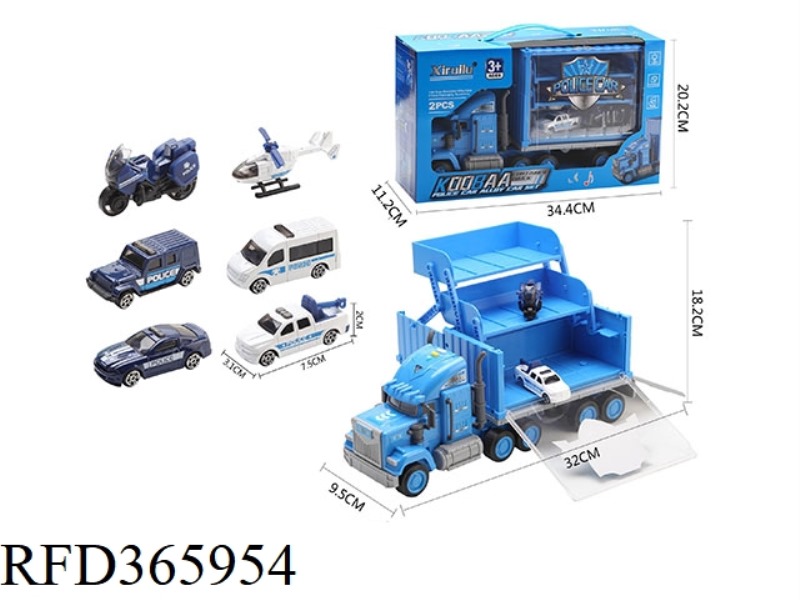 KUBA CONTAINER TRUCK WITH 2 POLICE ALLOY CARS (INERTIA FUNCTION, WITH LIGHT AND MUSIC)