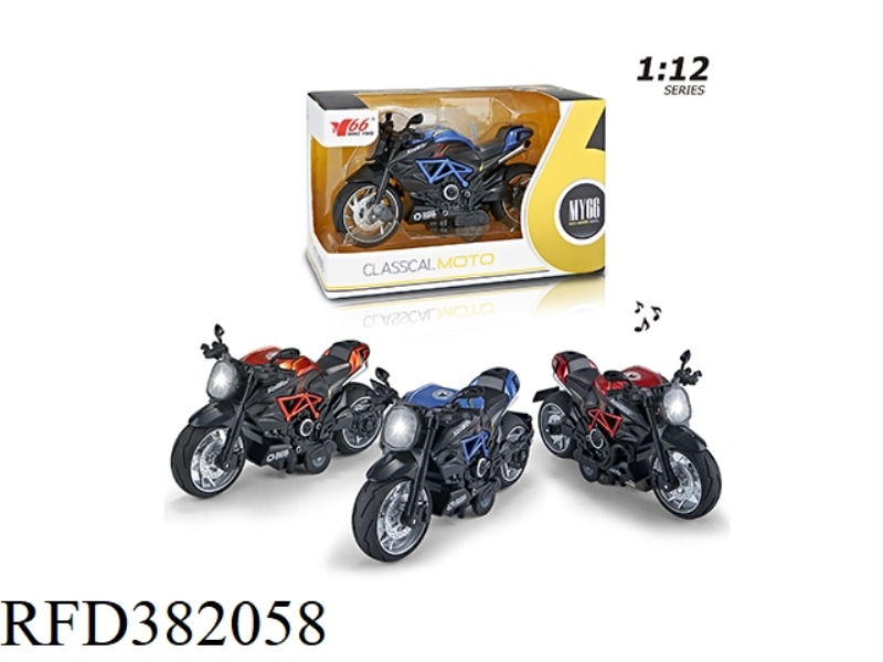 1:12 ALLOY PULL BACK GUSTA MOTORCYCLE WITH LIGHT AND MUSIC IN 3 COLORS