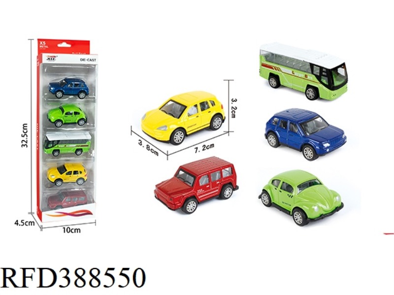 5 ALLOY PULL BACK CARS (4 SUVS + 1 BUS)