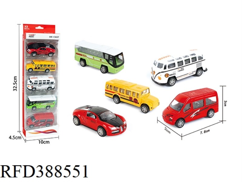 5 ALLOY PULL BACK CARS (4 BUSES + 1 SIMULATION CAR)
