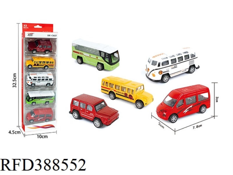 5 ALLOY PULL BACK CARS (4 BUSES + 1 SUV)