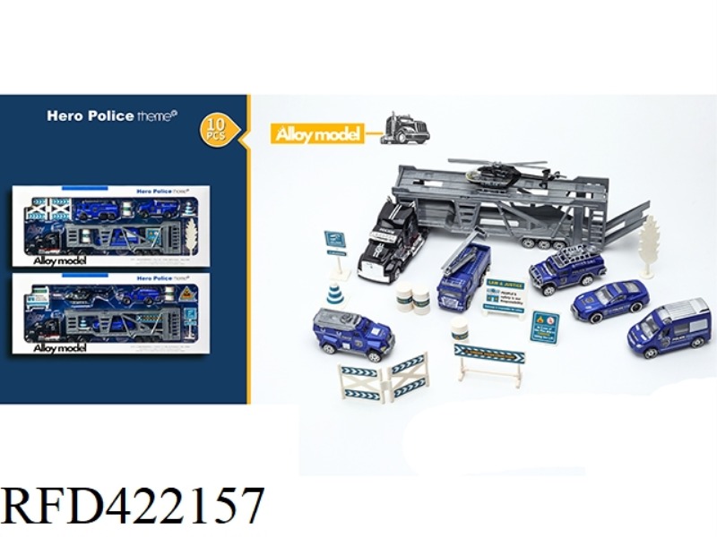 ALLOY POLICE DOUBLE-DECKER TRANSPORTER (5-CAR VERSION, WITH ROAD SIGNS)